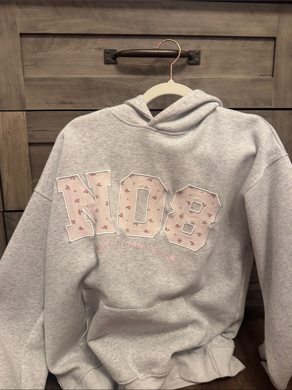 Aelfric Eden Light Gray Hoodie with Pink Floral NO8 Applique